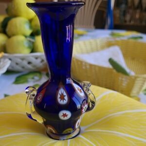 #Vintage Murano-style Cobolt Blue Art Glass Vase with Millifiore-style Design!